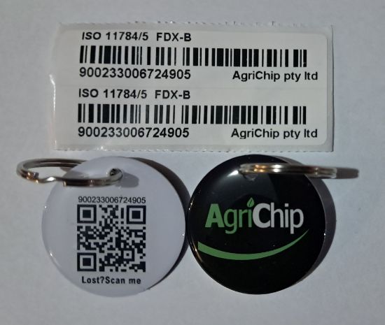 Picture of RFID pet collar tag ISO 11784/5 with ID stickers and ID number